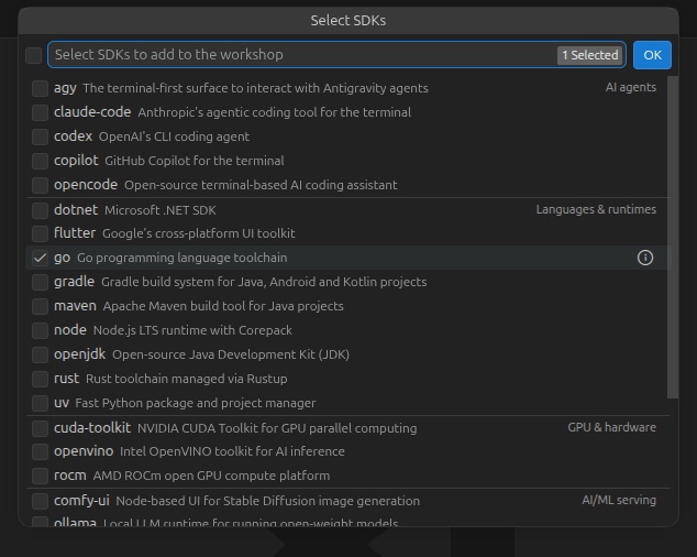 The Select SDKs step of the wizard with the go SDK ticked