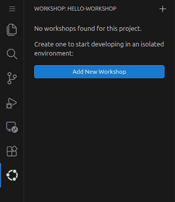 The Workshops view showing "No workshops found for this project" and an Add New Workshop button